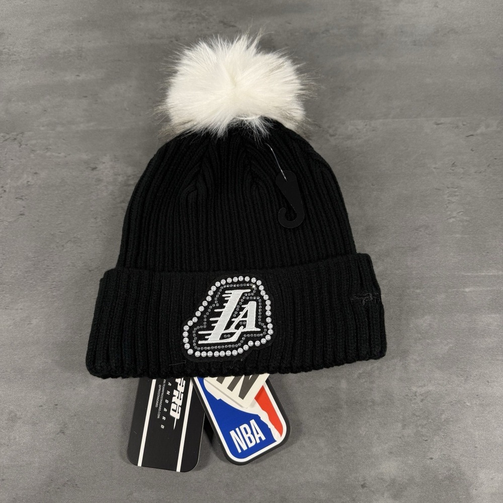 Los Angeles Lakers Beanie Hat‎ Black White PomPom Pearl Bedazzle Rhinestone Y2K